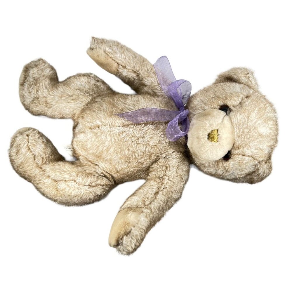 Vtg Commonwealth 2001 Plush Teddy Bear Stuffed Animal Beige Tan Purple Bow - Picture 7 of 12